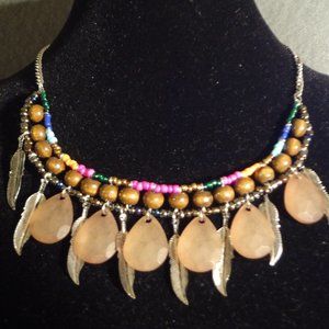 Wood Bead and Metal Feather Necklace